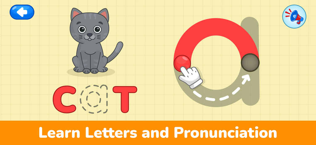 Écran d'application éducative pour enfants apprenant à tracer des lettres et à prononcer des mots avec une activité d'alphabet interactive