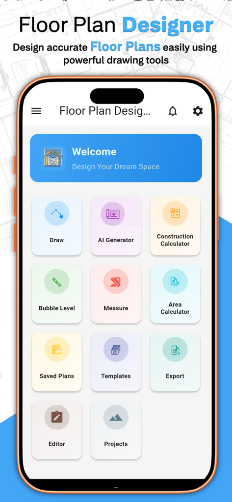 Floor Plan Designer: Home Map - Menu principal do aplicativo Designer de Plantas Baixas mostrando recursos como Gerador de IA de Desenho e Calculadora de Construção