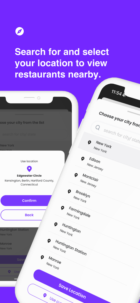 Minitable - Minitable app interface for searching and selecting user location to find nearby restaurants.