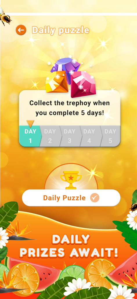 Daily puzzle reward screen in Word Search game showing gems and a five day streak tracker.