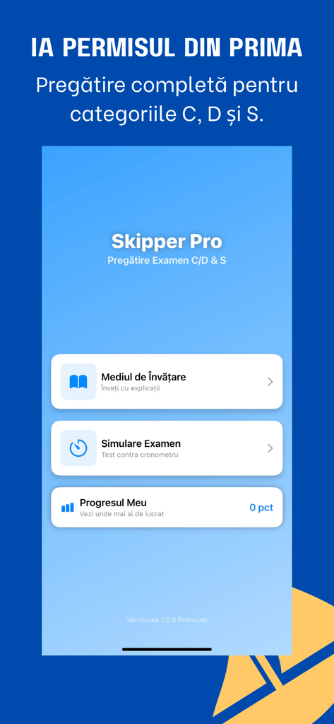 Skipper Pro: Examen Barcă ANR - Tela inicial do aplicativo Skipper Pro para preparação do exame de barco ANR romeno, apresentando modos de estudo e simulação