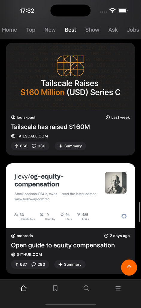 Hazumi for Hacker News - Interfaz de la aplicación Hazumi que muestra el feed de las mejores historias de Hacker News con tarjetas de noticias y botones de resumen de IA.