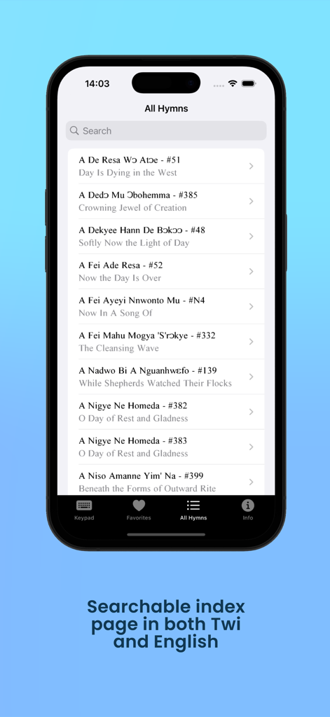 Twi SDA Hymnal - Twi SDA Hymnal app interface showing a searchable index of hymns in both Twi and English
