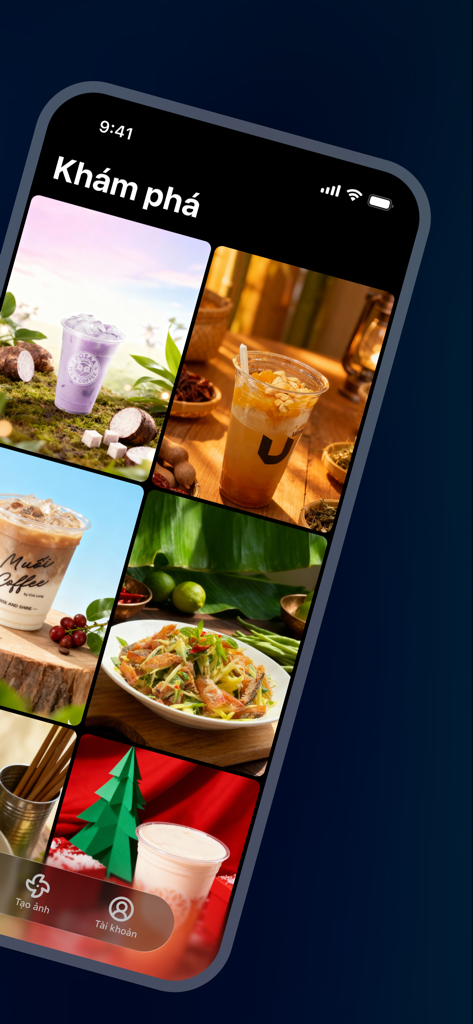 Pimi – AI Ads Maker - Explore screen of Pimi app showing a gallery of AI generated food and beverage advertisements