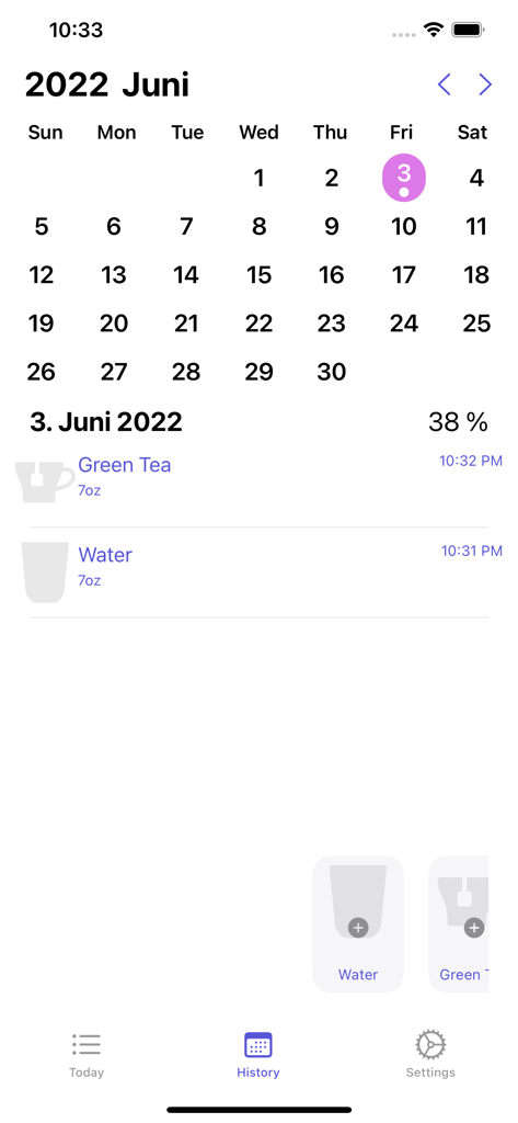 My Water Tracker+  Waterminder - Calendario de historial de hidratación en la aplicación My Water Tracker que muestra los registros diarios de bebidas y los porcentajes de ingesta.