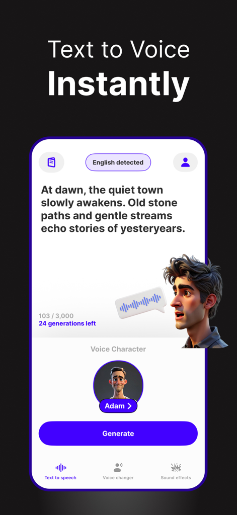 Interfaz de la aplicación Speech Lab que muestra la generación instantánea de texto a voz con un personaje IA llamado Adam