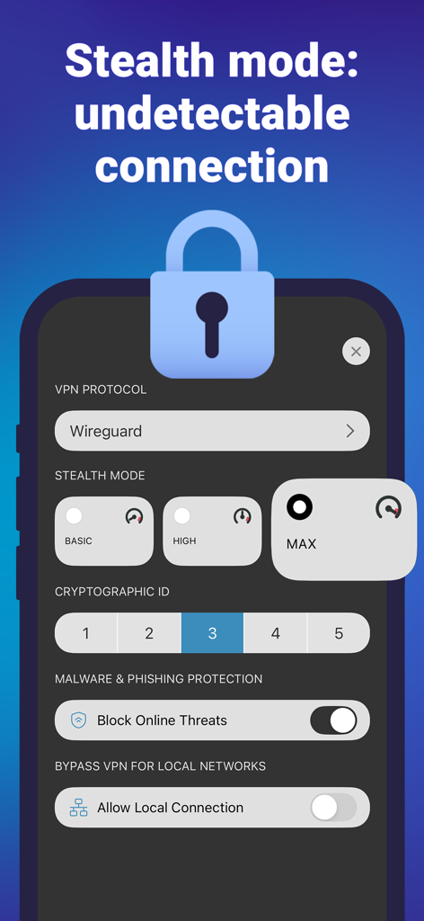 Le VPN: Fast & Secure - Le VPN app interface showing stealth mode settings and WireGuard protocol options for secure connection