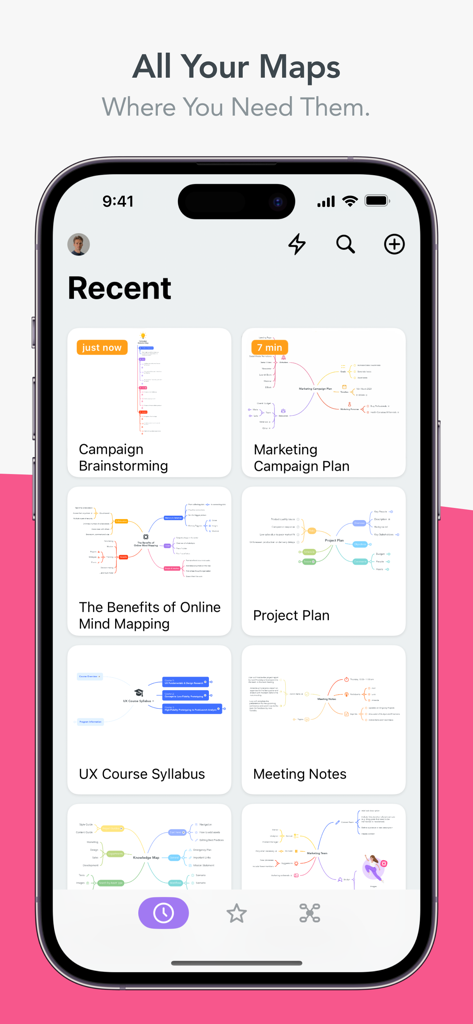 MindMeister mobile app interface displaying a gallery of recent mind maps including project plans and brainstorming sessions.