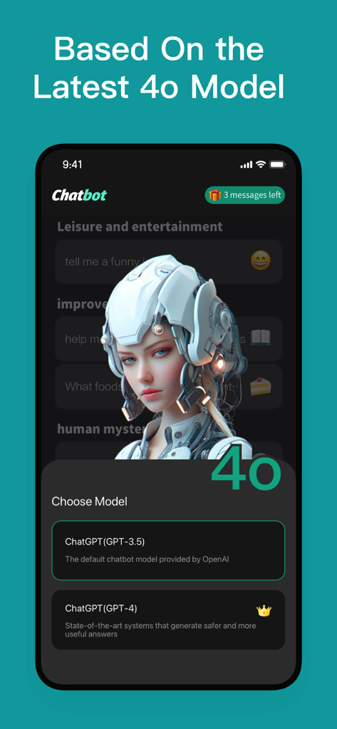 Chatbot -Ask AI Chat Assistant - Interfaz de la app Chatbot destacando la selección del último modelo de IA GPT-4o