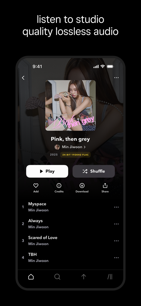 TIDAL Music app album screen showing studio quality lossless audio information