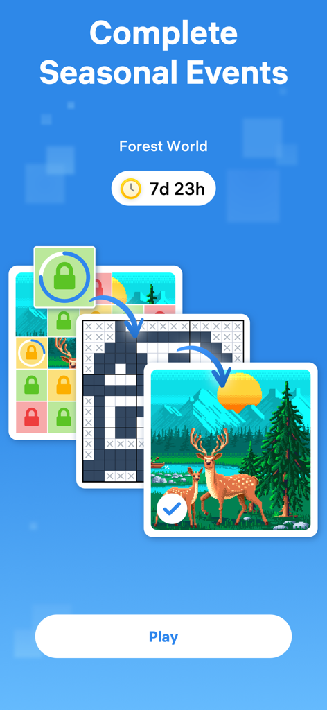 A sequence showing the progression of a nonogram puzzle from a blank grid to a finished pixel art image of deer in a forest for a seasonal event.