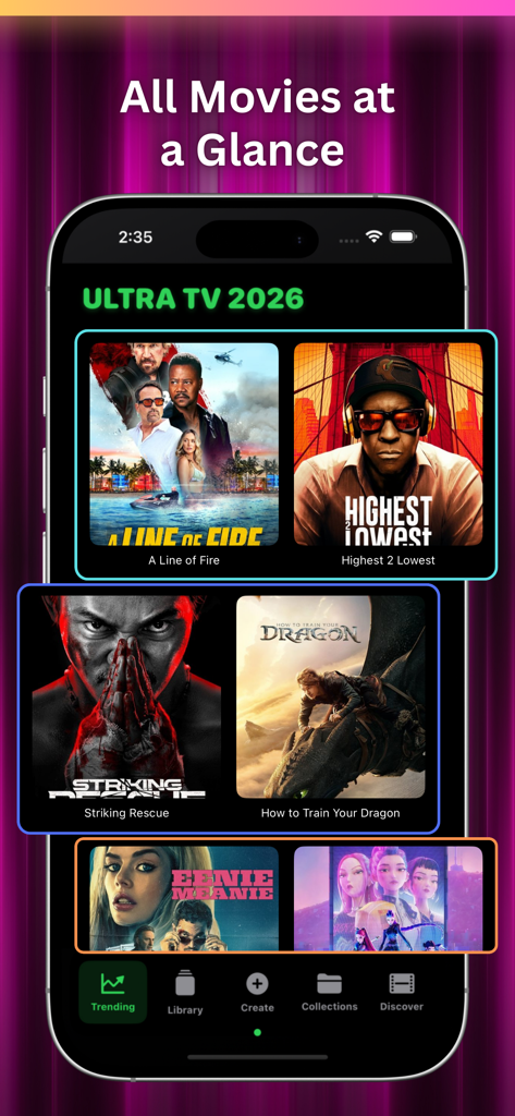 Ultra TV 2026 - Ultra TV 2026 앱 인터페이스에 인기 영화 라이브러리와 포스터, 어두운 테마가 표시됩니다.