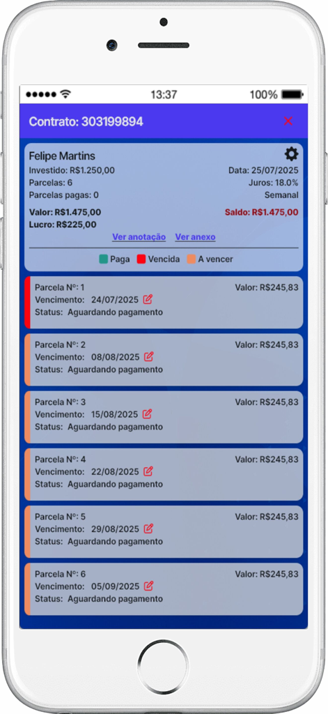 CredForte - Pantalla de la aplicación móvil CredForte que muestra los detalles del contrato y el calendario de pagos de las cuotas