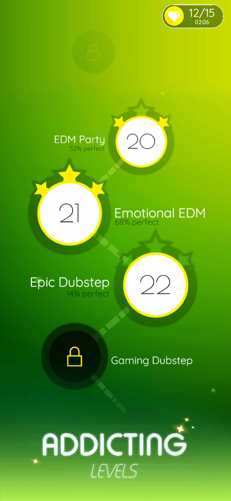 Dancing Ballz: Magic Tiles - Écran de sélection de niveau pour Dancing Ballz montrant des pistes de chansons EDM et Dubstep