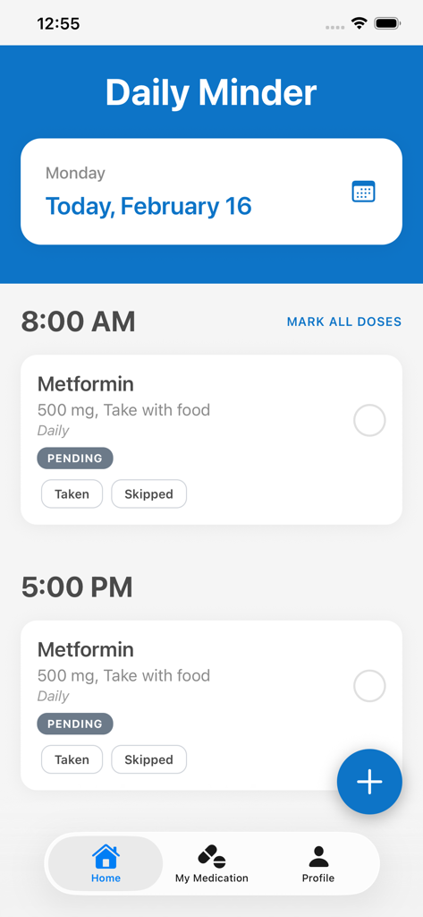 Daily Minder - Pantalla de inicio de la aplicación Daily Minder que muestra un horario de medicamentos simple con dosis diarias y botones de estado