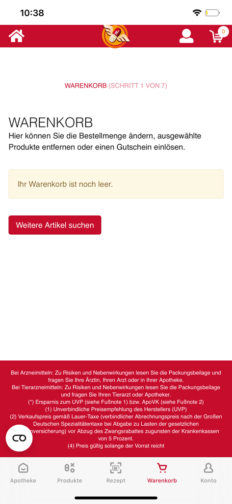 Fliegende-Pillen.de Apotheke - Leerer Warenkorb im Interface der Fliegende-Pillen Apotheken-App für Mobilgeräte