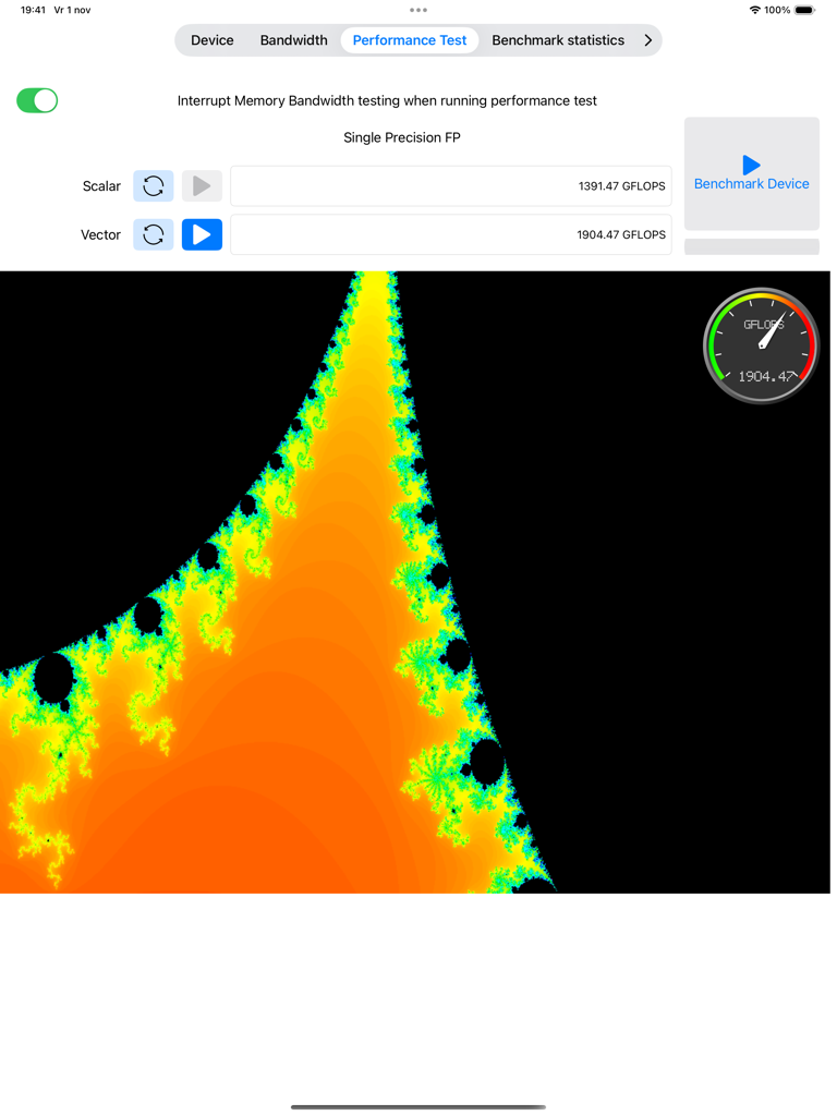 App CLing che mostra i risultati del test di performance in virgola mobile a precisione singola con una visualizzazione frattale Mandelbrot e un misuratore GFLOPS