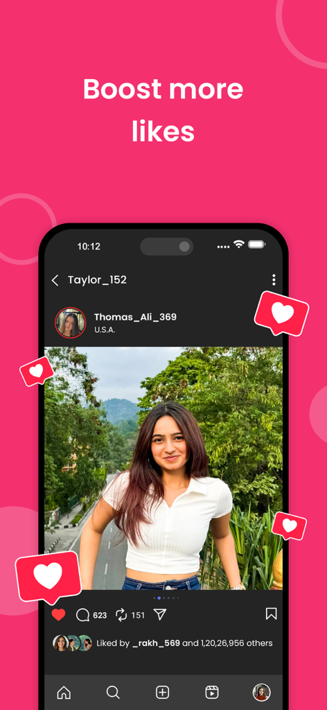 TopFollow - Tags - TopFollow app interface displaying a social media post with a boost more likes call to action and floating heart icons