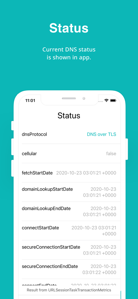 DNS over TLS 프로토콜 세부 정보를 표시하는 DNS 보안 앱 상태 화면