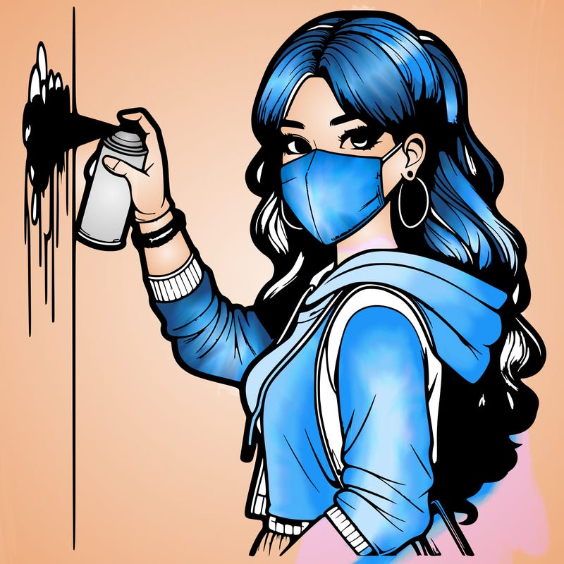 realistic girl with mask spray painting a wall