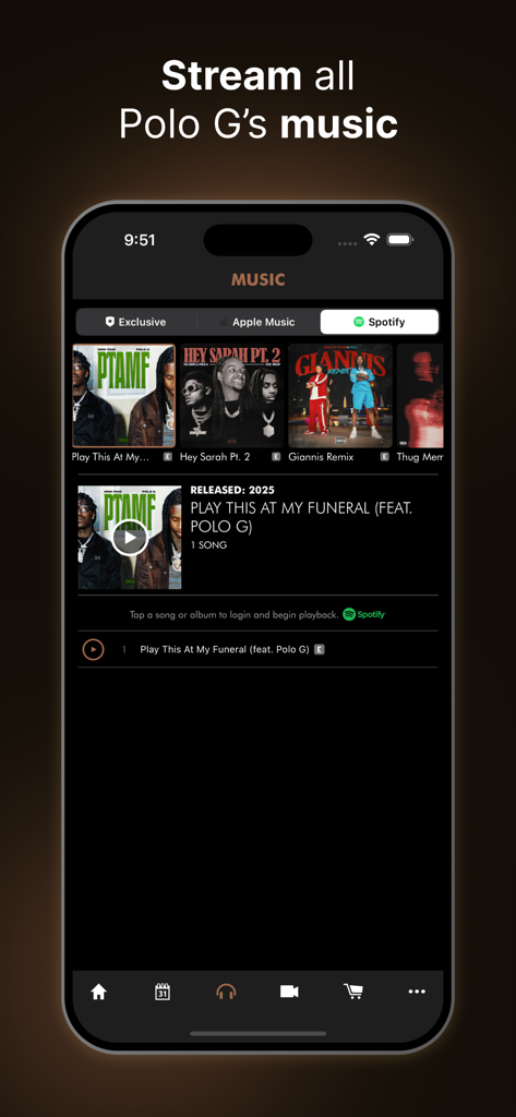Polo G - Official App - Polo G official app music player screen showing Spotify integration and album covers