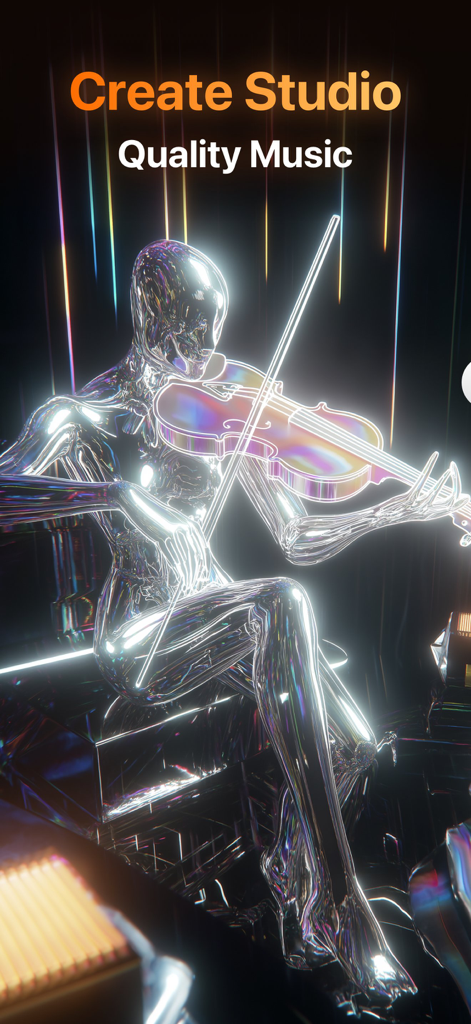 AI Songs & Music Maker：TuneMe - A metallic humanoid figure playing a violin in a futuristic music studio