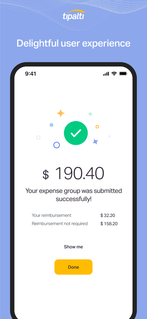 Tela do aplicativo móvel Tipalti Expenses mostrando uma confirmação de envio de grupo de despesas bem-sucedido de 190,40 dólares