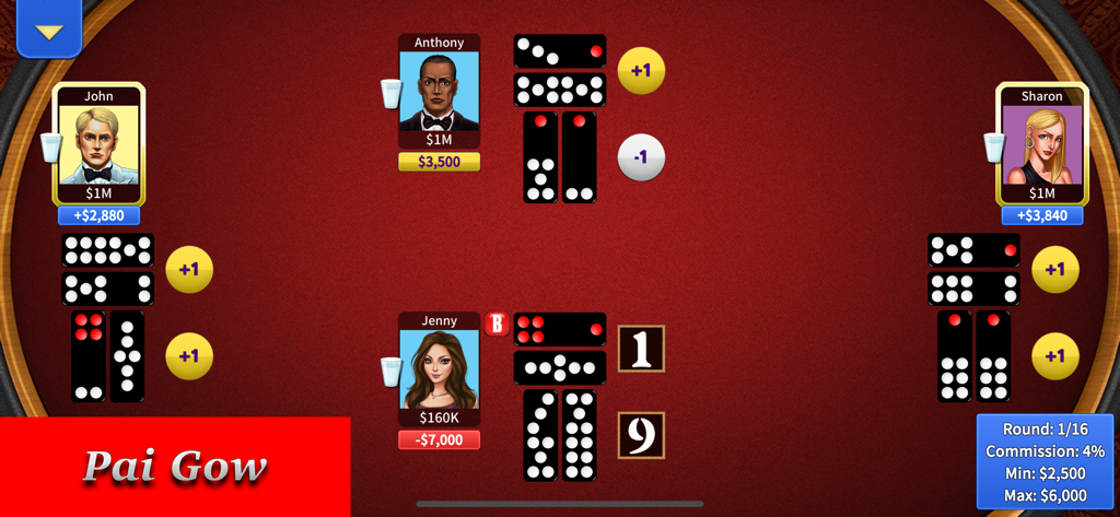 A gameplay screenshot of Pai Gow Online showing four players at a virtual red casino table with traditional Chinese tiles.