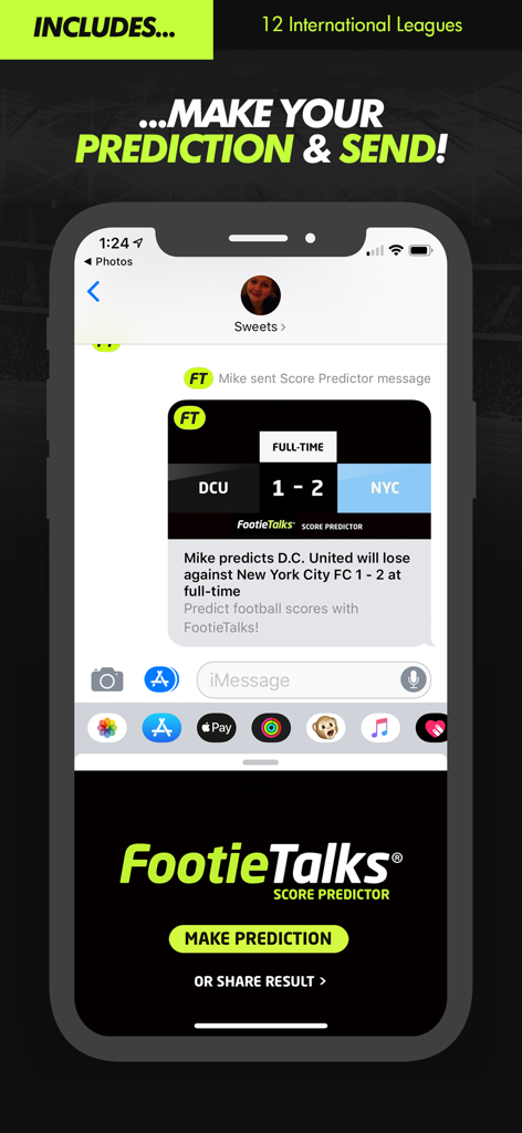 FootieTalksを使ってDCユナイテッド対NYC FCのサッカーのスコア予測を共有するiMessageチャット