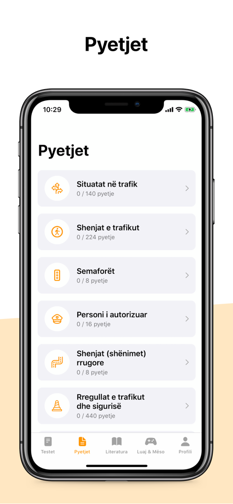 Mobile screen displaying various traffic law question categories in the Autoshkolla Kosove driving school app