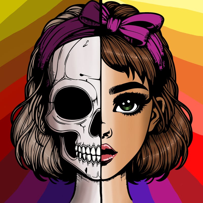 realistic girl with half skull mask