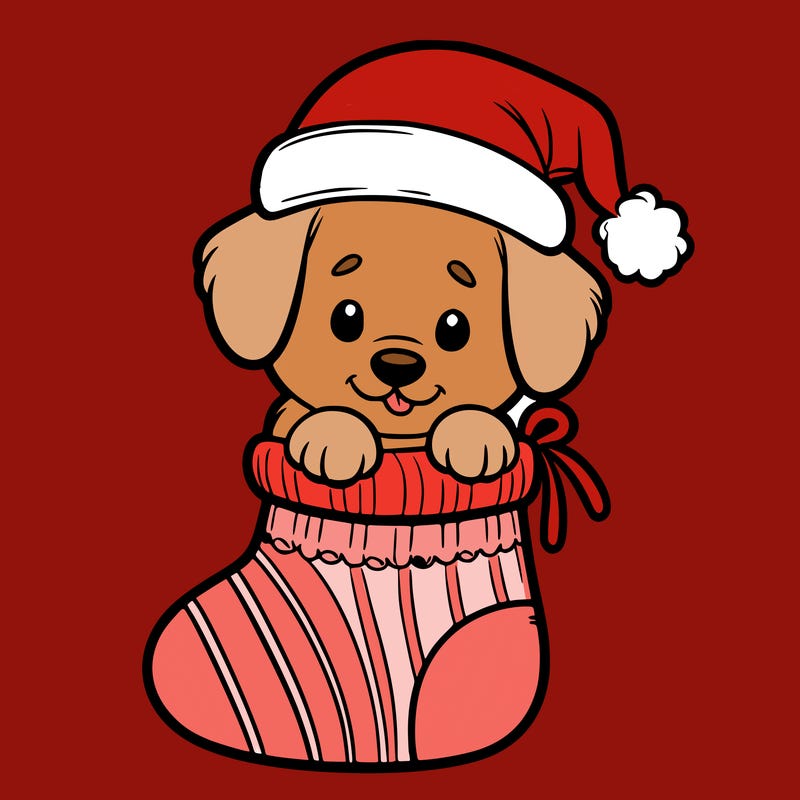 cute puppy wearing santa hat in socking