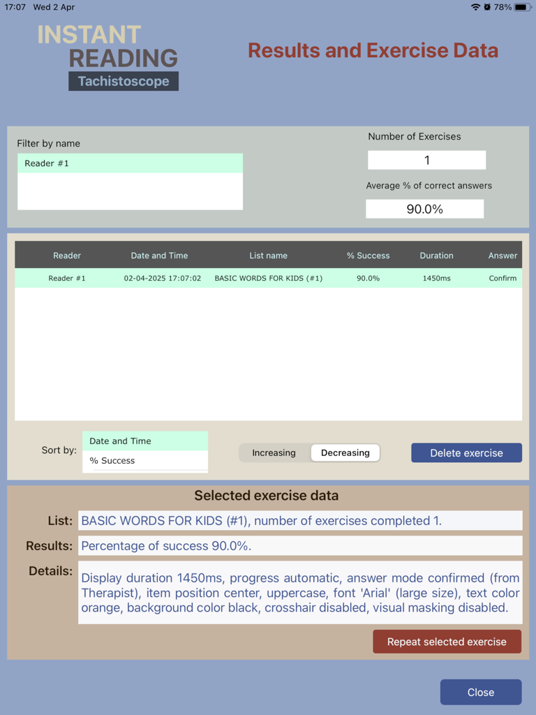 A clinical dashboard showing results and exercise data including success rate and display duration for a reading therapy session