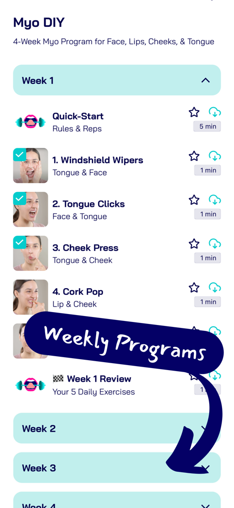 Myo DIY - Screenshot of the Myo DIY app showing a 4-week program for facial and tongue exercises with specific routines for Week 1 like Windshield Wipers and Cheek Press.