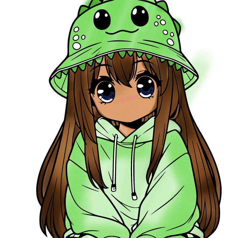 girl with anime shaped eyes with a dinosaur bucket hat oversized sweatshirt long straight hair
