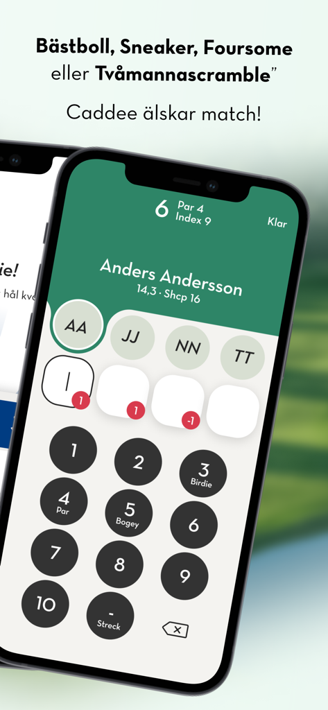 Caddee - A mobile app screen for Caddee golf showing a digital scorecard with a numeric keypad and player information for hole scoring.