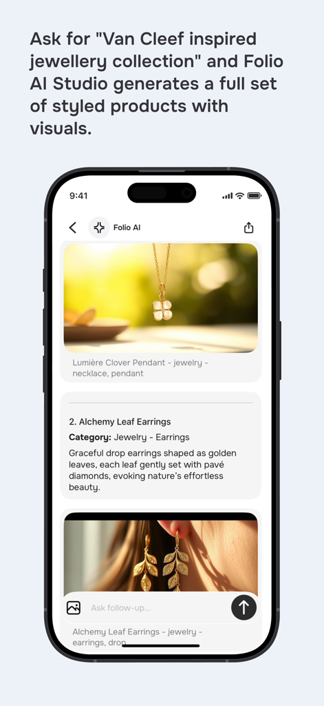 Folio AI - The Folio AI app interface showing an AI-generated jewelry catalog with styled product photos and descriptions.