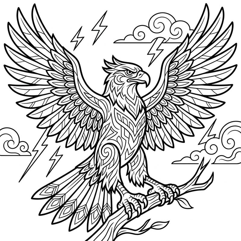 Encounter the legendary Thunderbird with this captivating coloring page, featuring the powerful cryptid bird with intricate feather details and a dynamic pose. Bring this creature of myth and legend to life with your favorite colors.