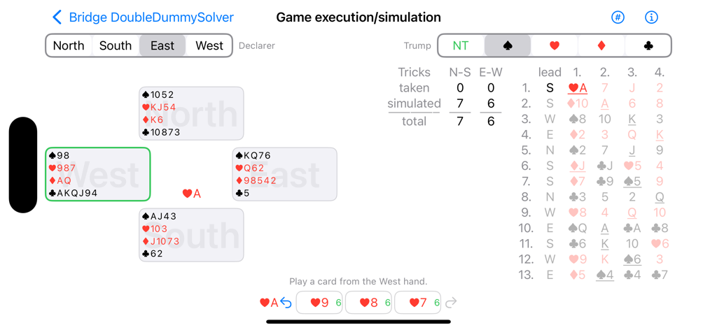 Simulación interactiva de mano de bridge y datos analíticos de bazas en la interfaz de la aplicación BridgeDDS.
