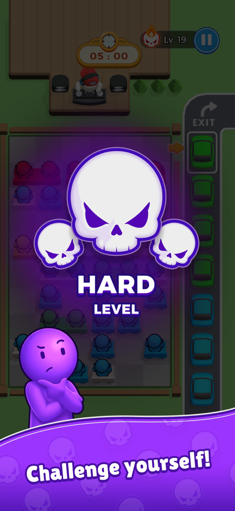 Seat Escape - Seat Escape mobile game screenshot showing a hard level notification with skulls and a thinking character