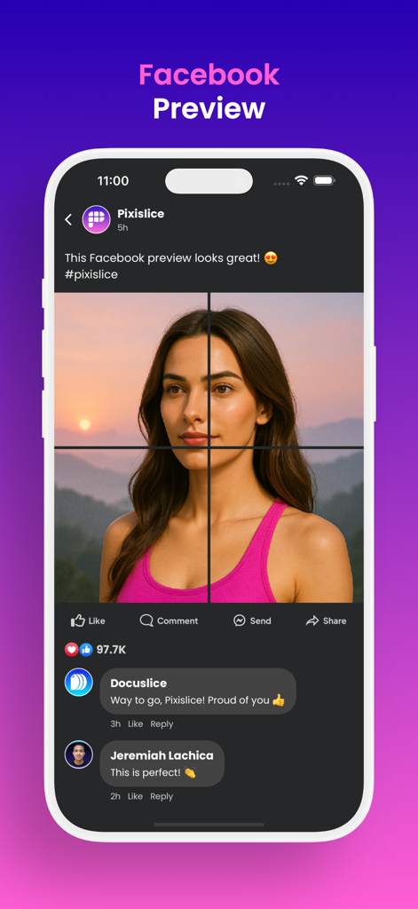 Pixislice - Image Splitter - A preview showing a 4 part image grid layout of a portrait photo on a simulated Facebook post