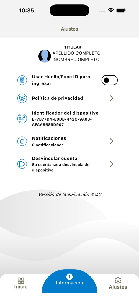 CSBP Móvil app settings interface showing user profile and options for biometric login, privacy policy, and notifications.