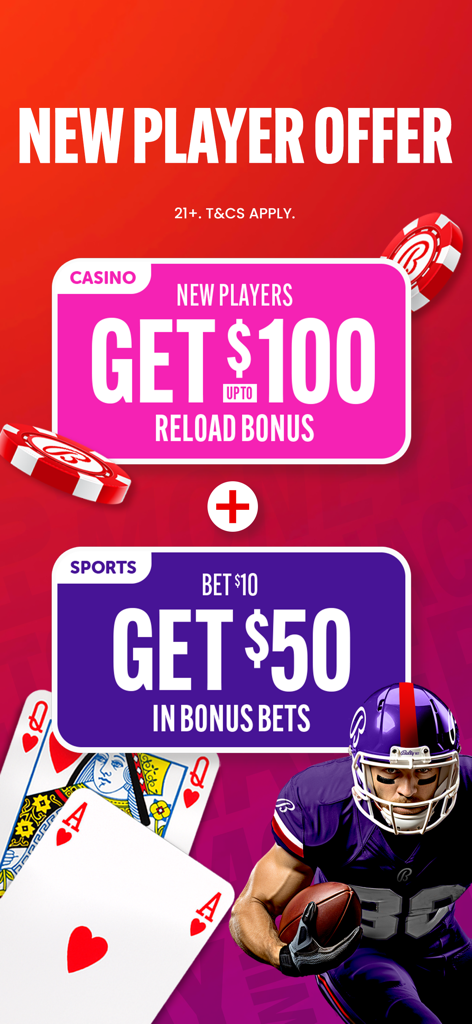 Bally Bet Sportsbook & Casino - Ofertas de bienvenida de Bally Bet Sportsbook y Casino con un bono de recarga de casino de $100 y $50 en apuestas deportivas.