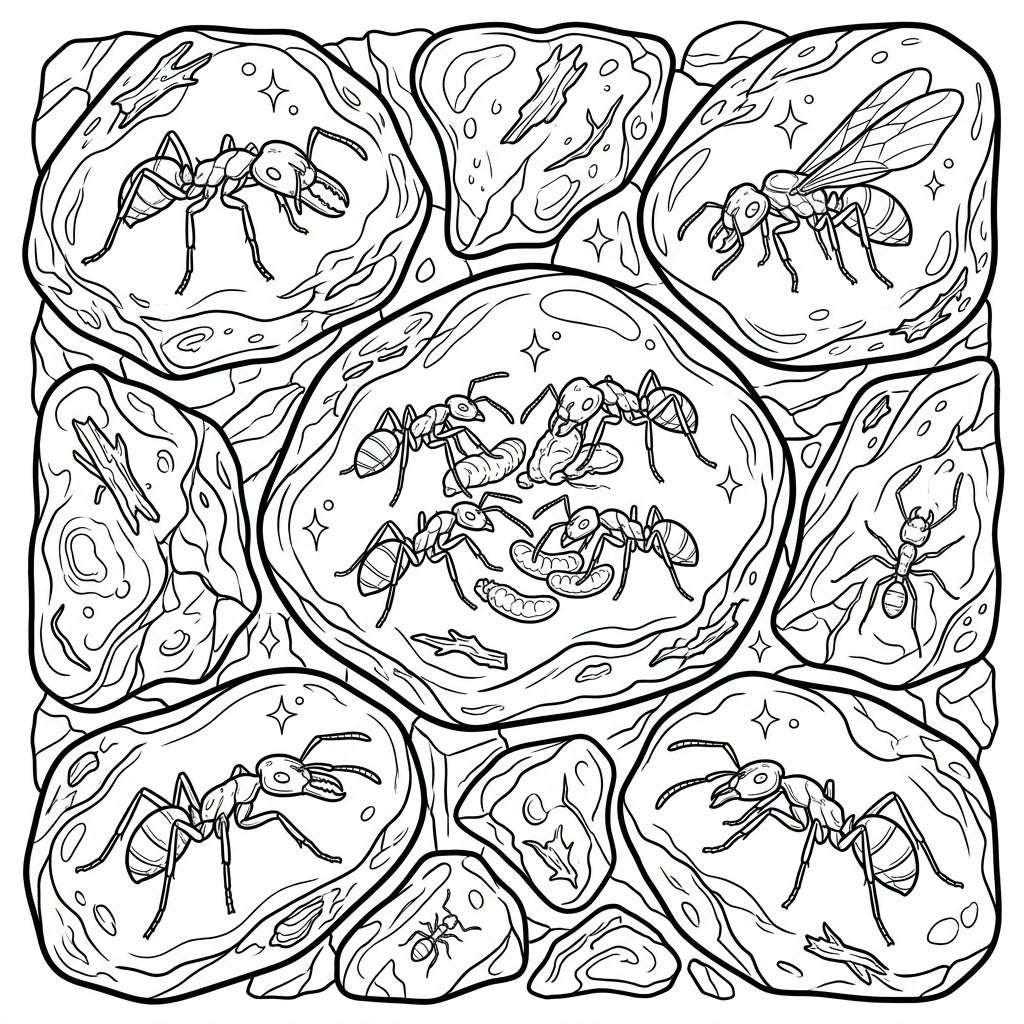 Amber Ants Coloring Page - Detailed Prehistoric Insects — Color Pop