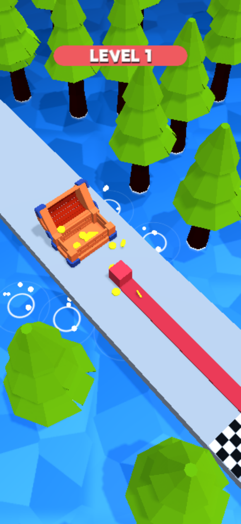 Cube Escape:Color Path - Cubo rojo moviéndose por un camino gris hacia un cofre del tesoro naranja en un entorno estilizado de bosque verde de Cube Escape Color Path