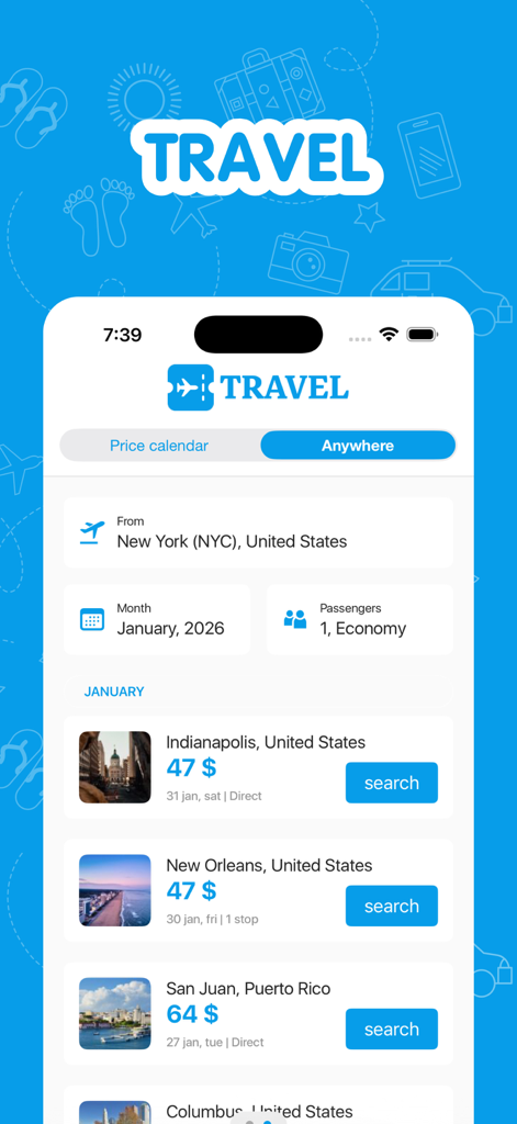뉴욕에서 출발하는 다양한 목적지의 항공권 특가를 보여주는 모바일 앱 인터페이스