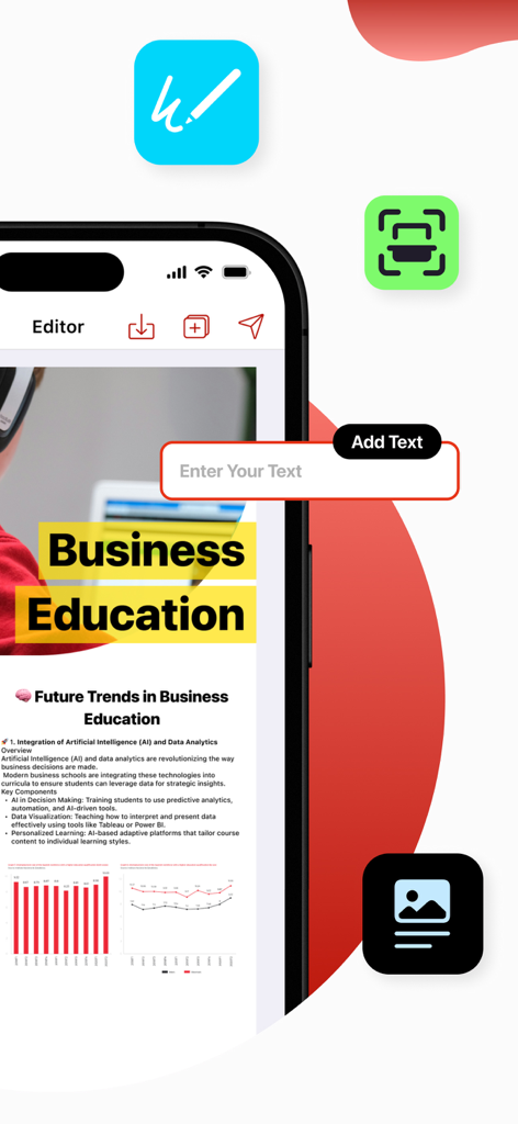 PDFエディターアプリでビジネスドキュメントにテキストを追加するユーザーを示すスマートフォンの画面