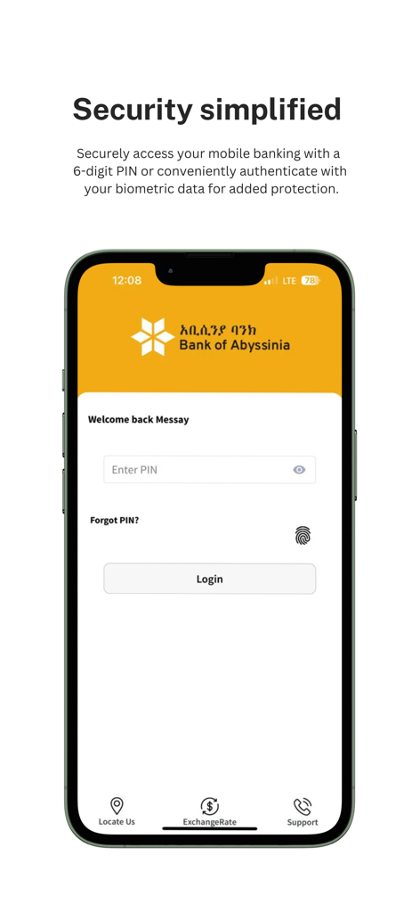 BoAMobile - Pantalla de inicio de sesión de BoAMobile mostrando entrada de PIN y opciones de autenticación biométrica para banca segura.
