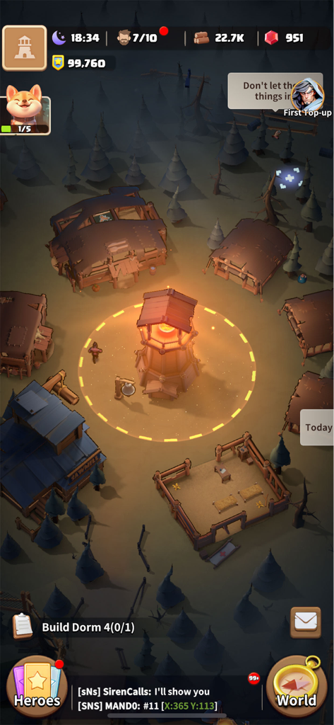 Night view of a survivor shelter with buildings and a lighthouse in Dark War Survival