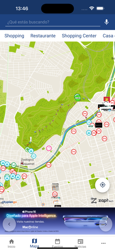 Cityplan GO - Aplicación Cityplan GO mostrando un mapa urbano interactivo con iconos para compras, restaurantes y puntos de interés